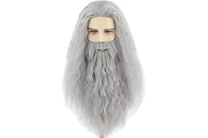Topcosplay Men Wigs and Beard Set Long Gray Cosplay Halloween Costume Party Wizard Wig