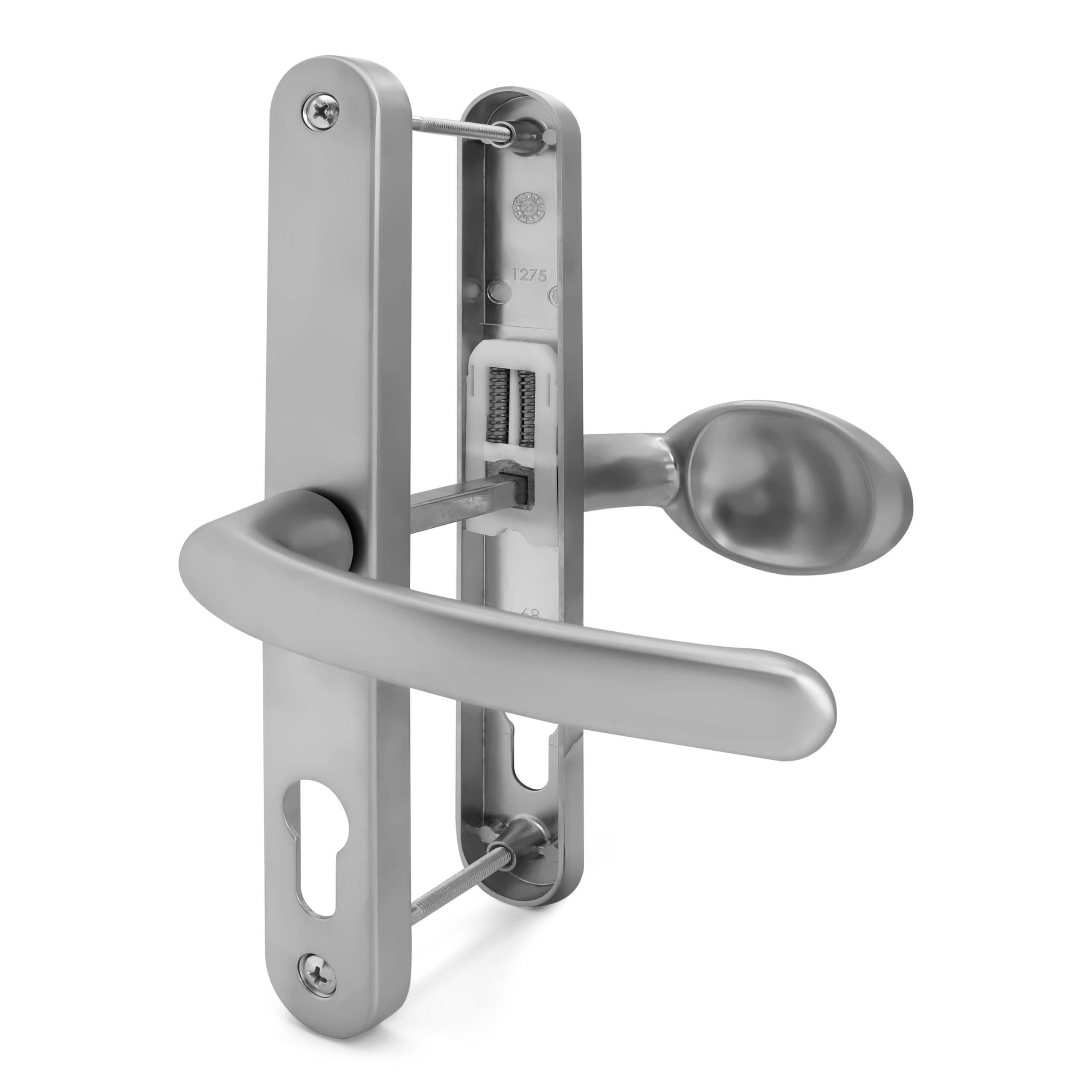TSS Silver UPVC Door Handle Pair Set with Lever and Pad, Suits Fullex Locks, Sprung, 68mm PZ (Centres), 215mm Screw to Screw, Backplate 245mm x 32mm, Replacement PVC Door Handle in Silver