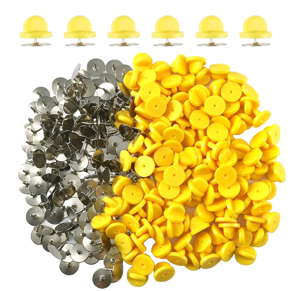 Ruidee 200 Pieces/100 Set PVC Rubber Pin Backs with Tie Tacks Blank Pins for Uniform Badges, Backing Holders, and Lapel Pin Clasps (Yellow)