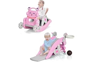 Costzon 5 in 1 Toddler Slide Rocking Toy, Slide for Kids with Detachable Stool, Basketball Hoop and Ring Game, Foldable Climber Playground Slide for Both Indoors Outdoor Use (Pink Penguin)