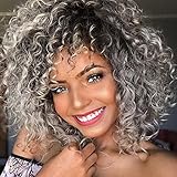 Afro Curly Hair Black Gray Wigs for Black Women Synthetic Kinky Curly Wig with Bangs Mixed Color Shoulder Length Wig Heat Resistant Fiber Gray Short Curly Wigs for Women