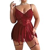 Mixxmix Women Plus Size Lingerie Mesh Babydoll Dress Sexy Lace Nightgown Lace Up Sleepwear Nighty with Gater Belt