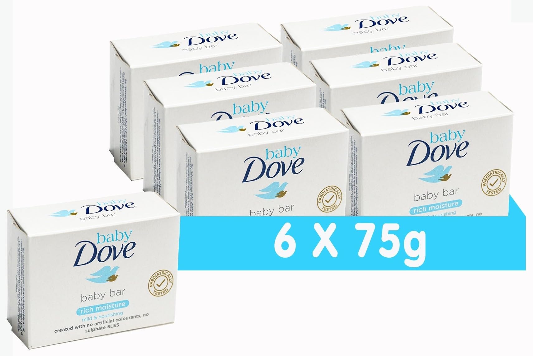 Baby Dove Baby Soap Bar Delicate Skin Rich Moisture Hypoallergenic Skin Care, Made With 1/4 Moisturising Cream 75g, 6 Pack