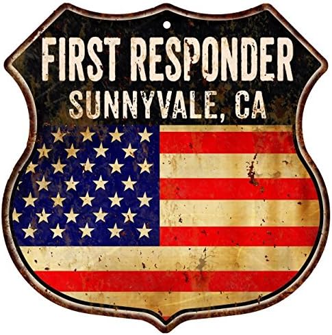 SUNNYVALE, CA First Responder American Flag 12x12 Metal Shield Sign S122444