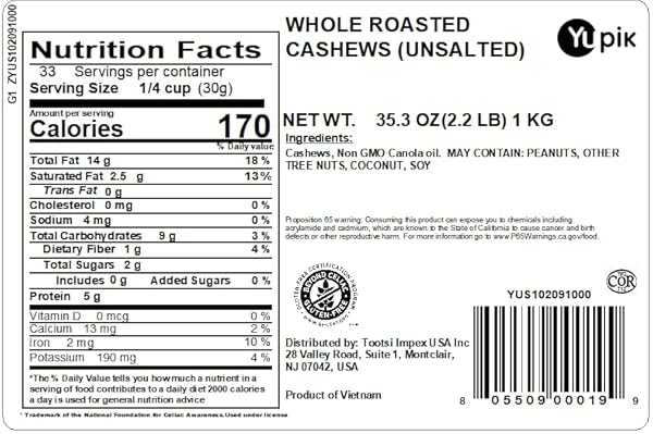 YUPIK ROASTED UNSALTED WHOLE CASHEWS, 2.2 LB (35.2 OZ), GLUTEN-FREE, KOSHER, VEGAN, CRUNCHY NUTS, LIGHTLY ROASTED, NO ADDED SALT, SOURCE OF PROTEIN & IRON, SAVORY SNACKS