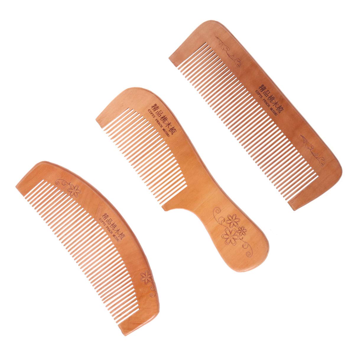 Minkissy 3pcs Peach Wooden Combs Natural Wood Hair Combs Anti-static Combs Half Moon Square Handle Shape Wooden Combs