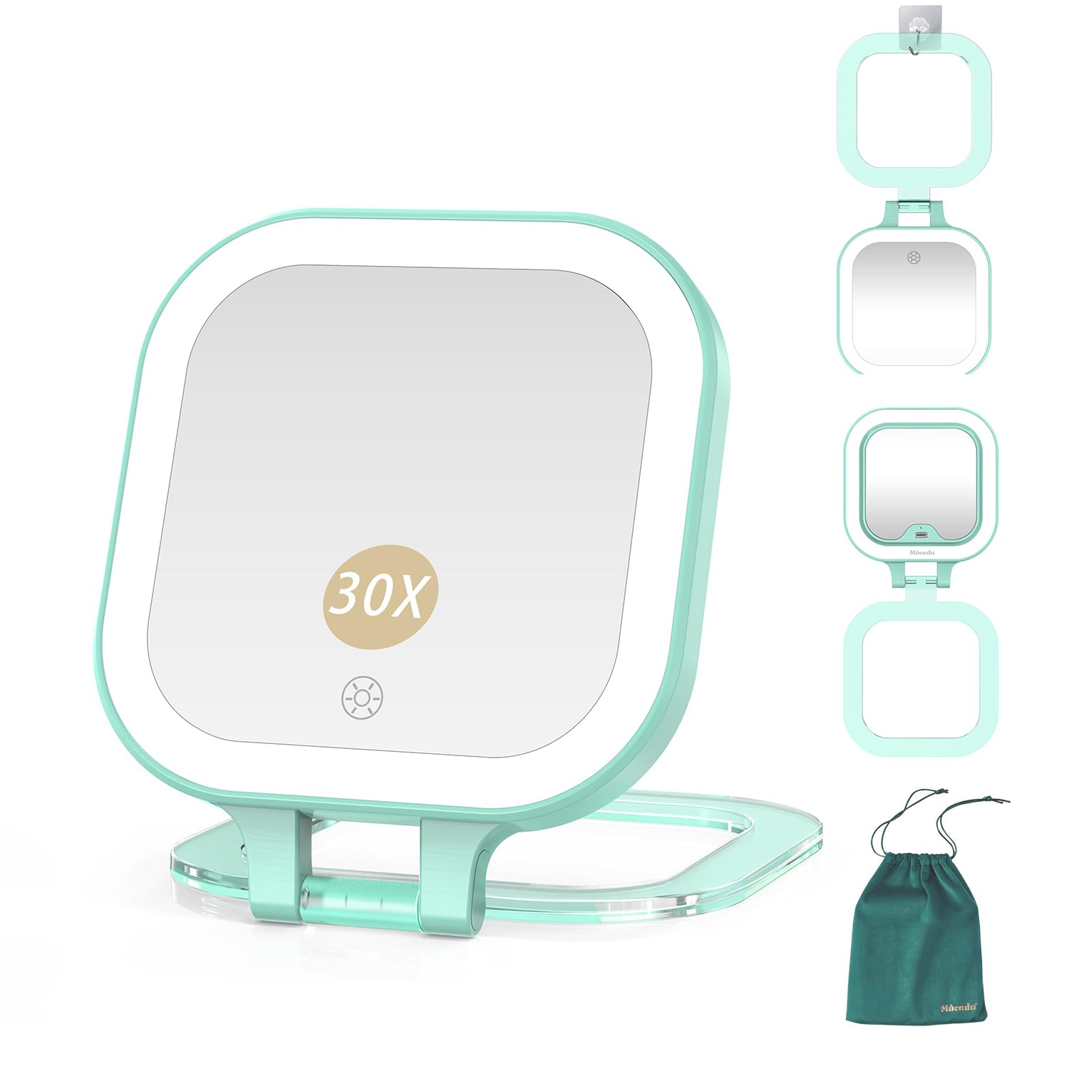 Photo 1 of Mocado Compact Travel Makeup Mirror, 1X/30X Magnifying Mirror with Light, Double Sides Compact Mirror with 3 Color Light, Dimmable Handheld Mirror, Rechargeable Travel for Purse,Pocket(Green)