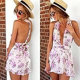 Moxeay® Floral Print Deep V-neck Halter Beach Chiffon Playsuit Jumpsuit Sexy