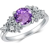 Vintage Flower Engagement Ring for Women, Sterling Silver with Round Cut Natural Gemstone (Amethyst, Turquoise, Black Onyx, Moonstone, Amber), Boho Promise Ring Birthday Gift