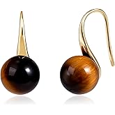 Aliyoham Gold Round Tiger Eye&Pearl Hook Earrings for Women, Hypoallergenic Lightweight 14K Gold Plated Vintage Boho Jewelry for Women