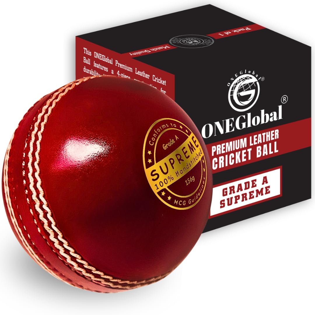 ONEGlobal Supreme Genuine Leather Cricket Ball | 4-Piece Handstitched Cricket Balls | Match Quality Hard Cricket Balls (Seniors 5.5oz, 1-Red)