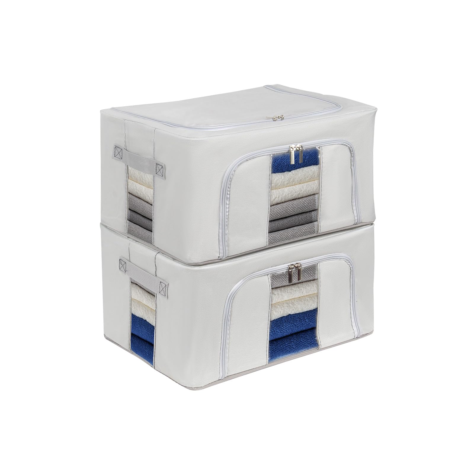 Womanht 2 Pack Closet Organizers and Storage, Foldable Oxford Steel Frame Storage Box with Clear Window & Carry Handles, Stackable Storage Bins Boxes for Clothes & Beddings & Blankets-Light grey 24L