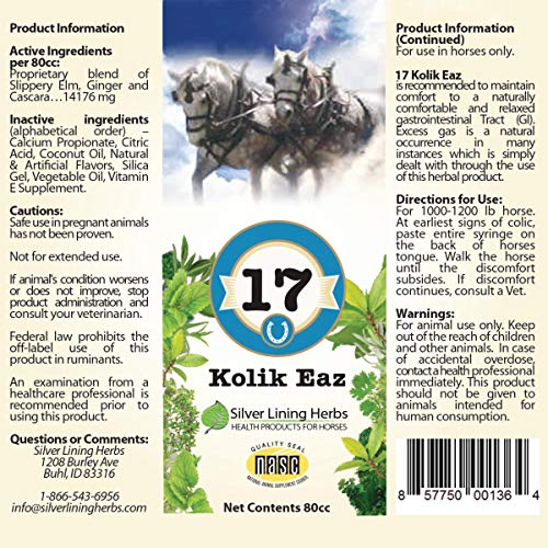 Kolik Eaz: Relief of Horse Colic and Bad Digestion | Improving Horse Gut Health and a Return To a Normal Gastrointestinal Tract | 80cc Paste | Made In USA by Silver Lining Herbs With Natural Herbs