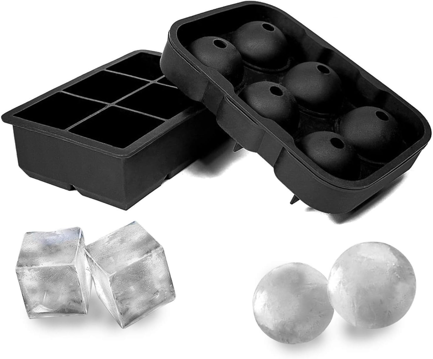 Vpsan Silicone Ice Cube Trays Combo (Set of 2), 6 Giant Ice Cubes 2" and 6 Ice Balls 1.75", Ice Cube Molds and Large Ice Cubes