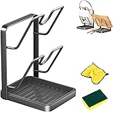 Kitchen Pot Lid Storage Rack with Tray, Pot Lid Organizer Rack While Cooking, Multifunctional Carbon Steel Kitchen Pot Lid and Spoon Storage Rack for Counter (Grey, Double-Layer)