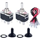 DMWD 2pcs Heavy Duty Rocker Toggle Switch 0-250V 15A DPDT 6 Pins 3 Positions ON-Off-ON Latching with Waterproof Boot Cap pre-Wired Cables for Auto Car Truck Boat Marine