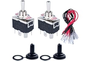 DMWD 2pcs Heavy Duty Rocker Toggle Switch 0-250V 15A DPDT 6 Pins 3 Positions ON-Off-ON Latching with Waterproof Boot Cap pre-Wired Cables for Auto Car Truck Boat Marine