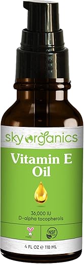 Sky Organics ビタミンEオイル36,000 IU認定オーガニックビタミンEオイル118 ml、ホホバ入り保湿トリートメントオイル、傷跡およびストレッチマーク用ローズヒップ、残酷な顔と肌の血清