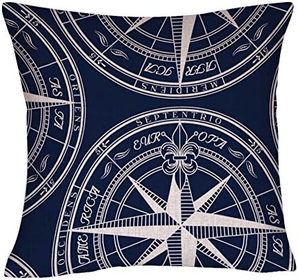 Navy Blue Compass Pillow Cotton Linen Decorative Throw Pillow Case Square 18 Inches