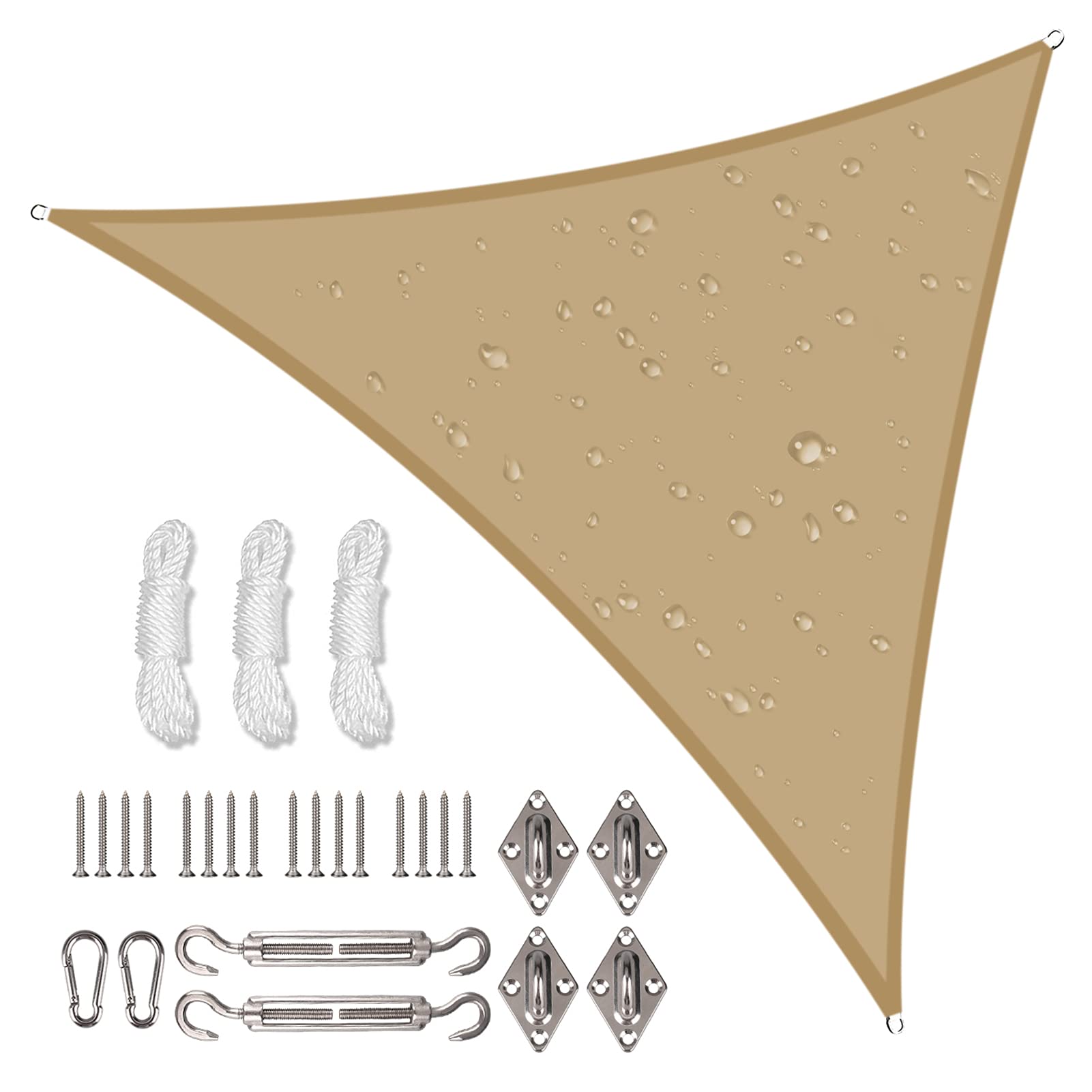 NAKIHOUSE Waterproof Shade Sail with Rope Fixing Kits, 2x2x2m Triangle Sun Shade Sail 98% UV Block Awning Canopy for Garden Patio (Sand)