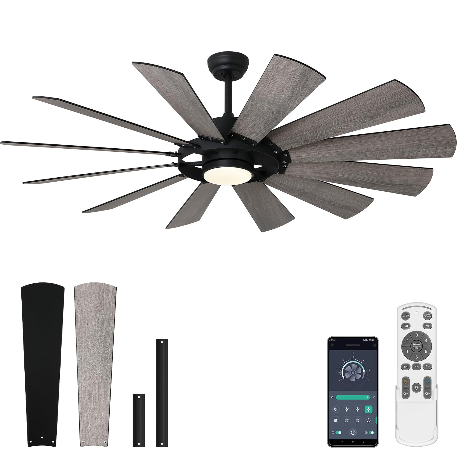 Photo 1 of Frstem 60 inch Windmill Ceiling Fan with Light, Smart APP&Remote Control, Farmhouse Large Fans 12 Reversible Wood Blade DC Motor/Timer/Low Profile, for Indoor Outdoor Bedroom Living Room Covered Patio