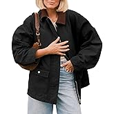 Tankaneo Womens Oversized Barn Jacket Zip Up Military Safari Jackets Fall Color Block Vintage Trench Coat with Pockets