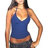 Halter Spaghetti Strap Tank Crop Top for Women Cami V Neck Ruched Camisole Sleeveless Cute Backless Vest Streetwear Y2K Shirt