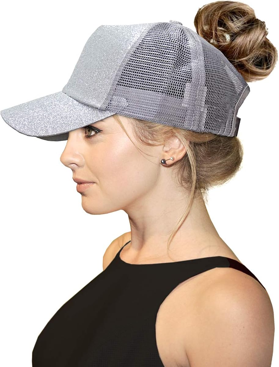 Ponytail Baseball Cap, Women Sliver Messy Bun Glitter Ponytail Baseball