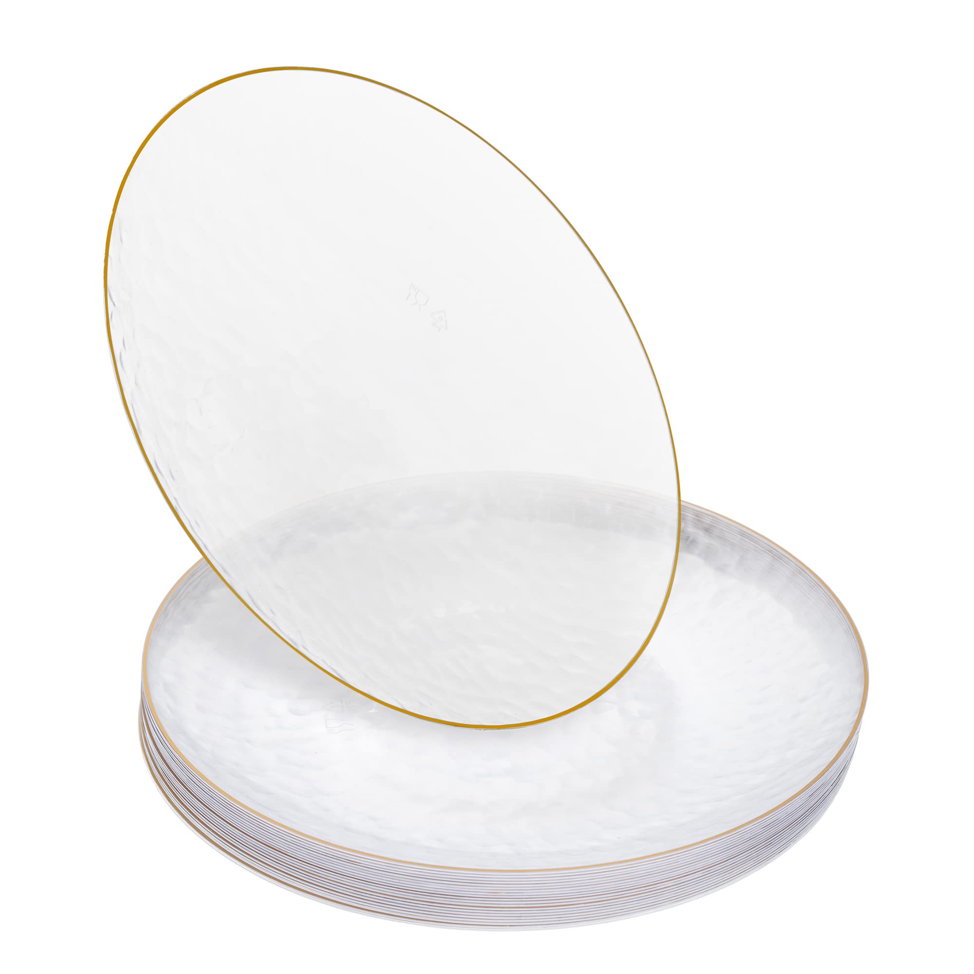 STACKABLES ~ Pack of 20 Clear Plate with Gold Rim ~ 9" Round Dessert Plates Set ~ Modern Hammered Style Classic Lunch Plates ~ Multi Use Elegant Party Dinnerware Plates
