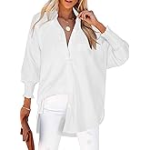 Womens Oversized Button Down Shirts Smocked Cuffed Ruffle Sleeve Boyfriend Blouses Collared Work Casual Top with Pockets
