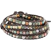 Emibele Layered Leather Bracelet, Rivet Leopard Print Bohemian Style Multilayer Wrap Bracelet, Handmade Agate Amethyst Chakra Crystal Glass Beaded Shell Bracelet for Women