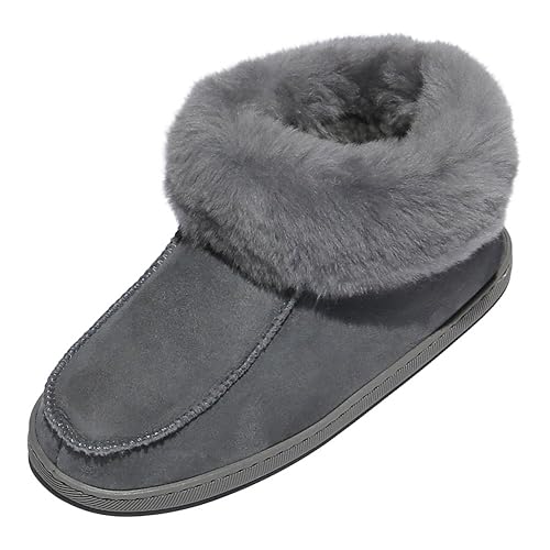 der-Fellmann Hollert Damen Lammfell Hausschuhe Mokassin EWA Grau Hüttenschuhe aus 100% Merino Schaffell Lederschuhe warm gefü