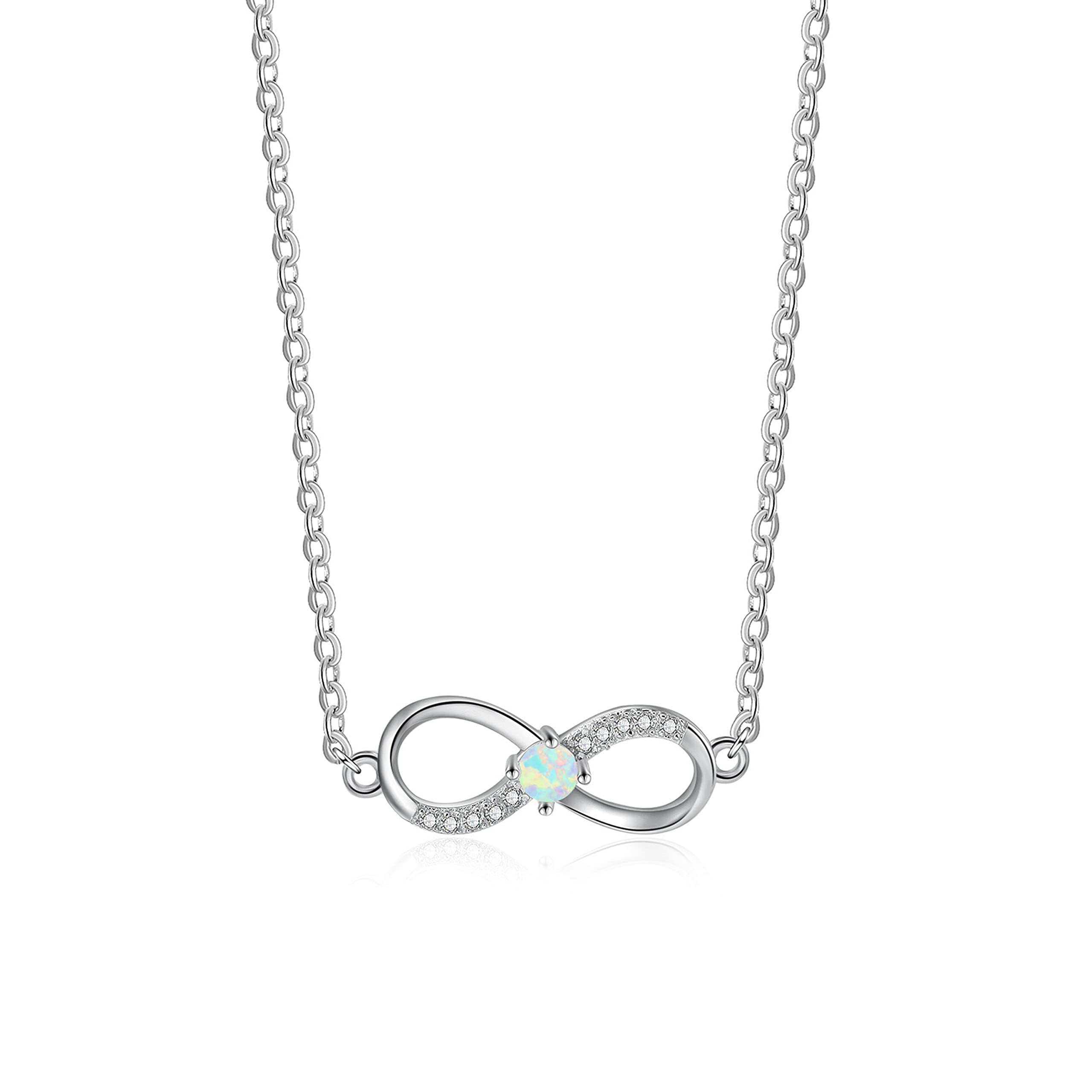 KristLand S925 Sterling Silver White Gold Plated Women Necklace Opal Infinite Pendant Jewelry Gifts for Ladies Girls