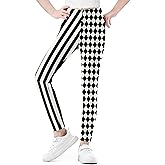 IIMMER Girls Halloween Stretchy Circus Clown Leggings Graphic Lightweight Elastic Band Tight Pants White & Black Stipes 9-10 Years