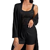 Umenlele Women's 4pcs Sleepwear Satin Floral Lace Trim Cami Shorts Pajama Set with Robe