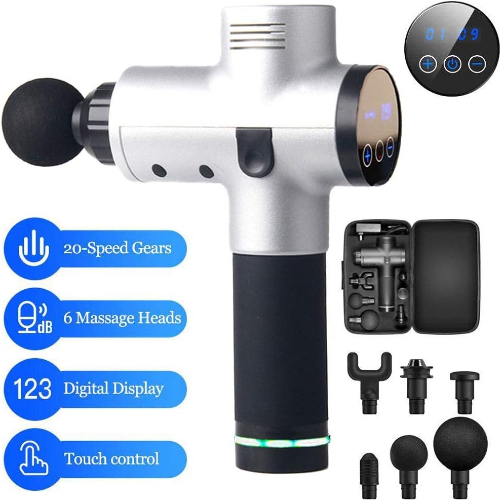 Cordless Handheld Muscle Massage Gun Rechargeable Deep Tissu Percussion Massage with 4 Massage Heads and 20 Speed Levels LCD Display for Neck Shoulders Arm Back Waist Legs and Foot (Color : Silver)
