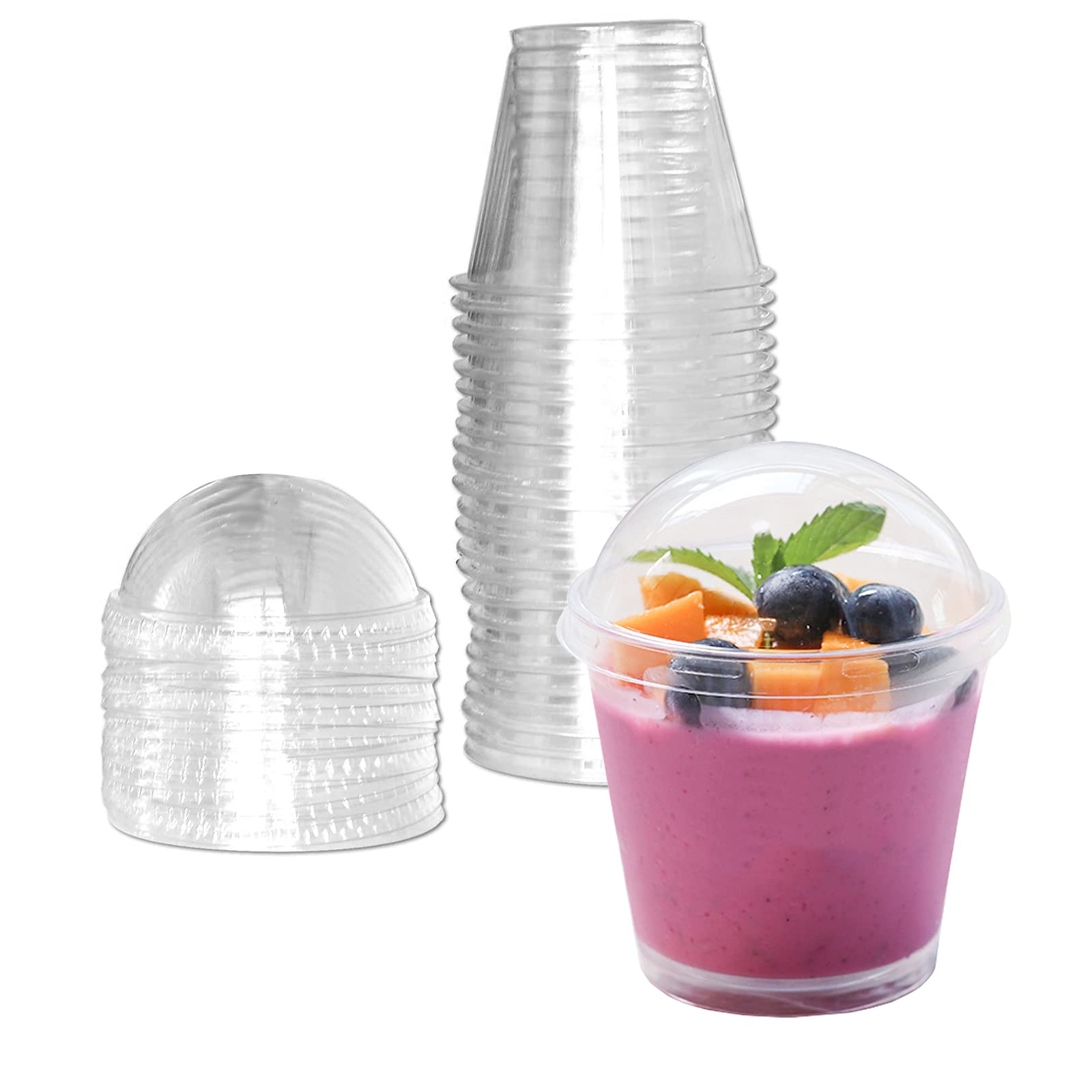 Photo 1 of MR.FOAM Clear Plastic Cups with Lids,6oz-25 Sets Mini Parfait Cups with No Holes Dome Lids,Parfait Cups with Lids, Disposable Party Cups for Fruit/Ice Cream/Cupcake/Iced Cold Drinks
