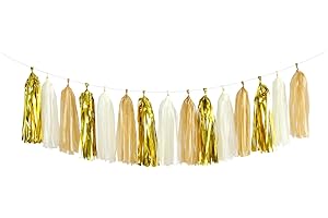 White Gold Champagne Party-Decorations Tassel-Garland -15pcs Christmas Wedding Engagement Tassels Banner Streamers Bachelorette Neutral Birthday Baby Bridal Shower Decor Panduola