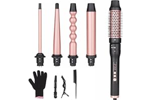 UNOBEY 5 in 1 Curling Wand Set, Curling Iron Brush Set with Thermal Brush and 4 Interchangeable Ceramic Curling Wand(0.5”-1.2