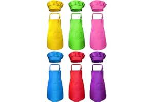 6 Pieces Kids Apron and Cheft Hat Set, Adjustable Child Art Apron with Pockets, Childrens Chef Aprons for Girls Boys Kitchen 