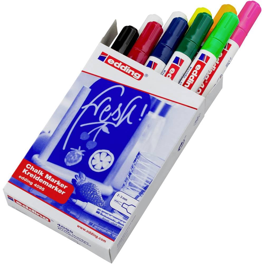 edding 4095 chalk marker - multi-coloured - 10 chalk pens - round nib 2-3 mm - medium-nib wet wipe pen for chalkboards, windows, glass, mirrors - liquid chalk marker pens for opaque coverage — image 1