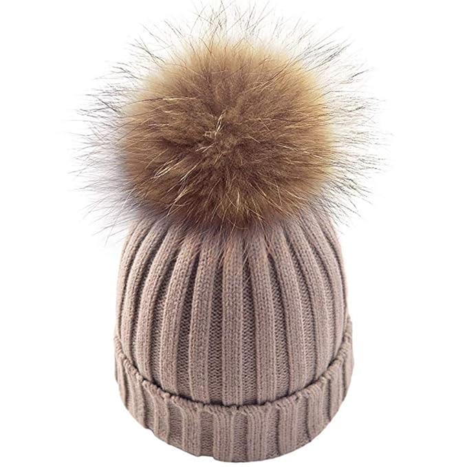 feifanshop Damen Groß Waschbär Fell Pelz Bommel Strick Mütze Winter-Mütze Bommelmütze