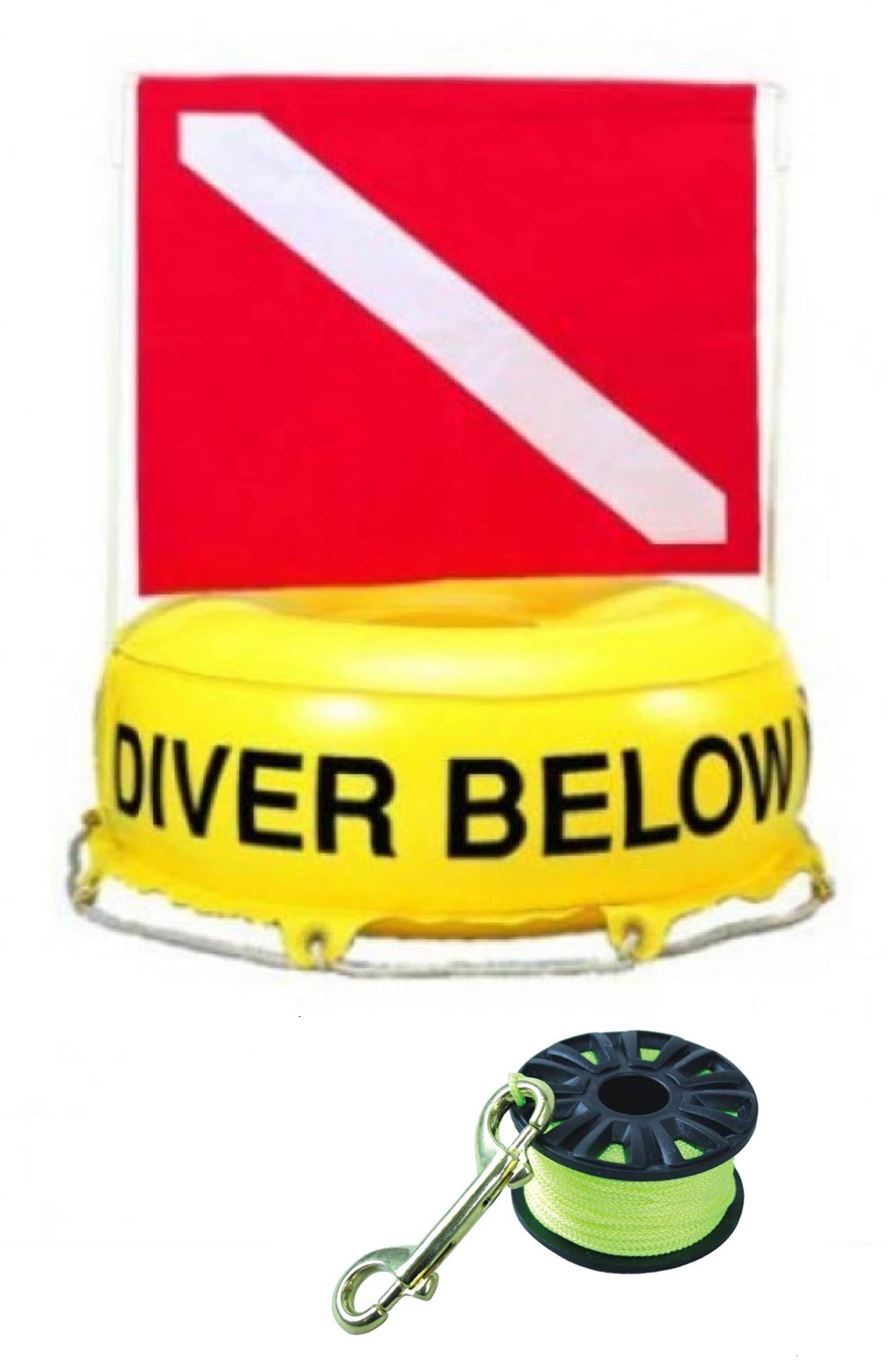 DiveSmart Buoy Float with 100ft High Visibility Neon Yellow Scuba Finger Reel for Surface Signalling