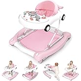 5-in-1 Convertible Baby Walker with Steering Wheel Music Activity Center – Infant Rocker, Jumper, Push Walker, Bouncer & Feeding Foldable Walker for Ages 6-18 Months Boys Girls (Pink)