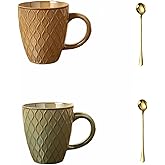 Retro embossment style Ceramics Coffee Mugs , Checkered Coffee Mug Set of 2, 15oz Espresso Cups for Beverages, Stacked Mug Set with Spoons for Housewarming Birthday Gift, Dishwasher Safe (yellow)