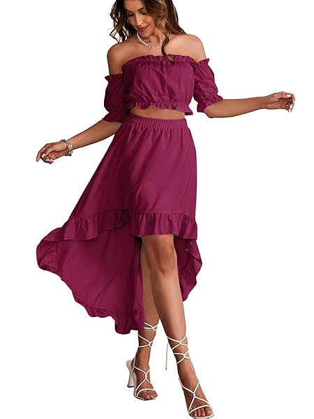 LYANER WOMEN’S TWO PIECE OUTFITS OFF SHOULDER CROP TOP AND HIGH LOW SKIRT SET CRANBERRY RED SMALL