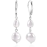 Voaino 14K Gold Pearl Dangle Earrings for Women,925 Sterling Silver Double Pearl Drop Earrings,Leverback Irregular Pearl Hypoallergenic Earrings