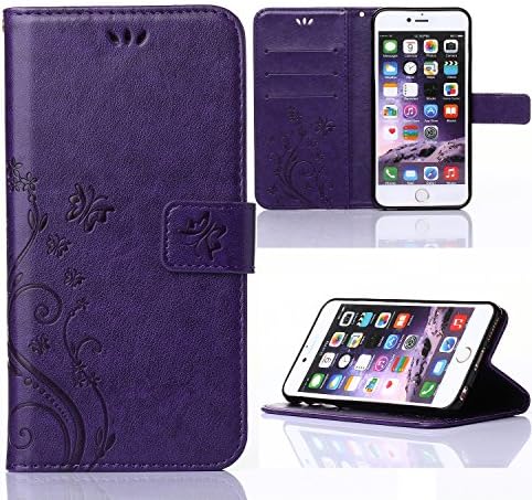 iphone 7 Case , GooCover Butterfly Flowers Premium PU Leather Stand Function Protective Cases Covers with Card Slot Holder Wallet Book style Fordable Strap Case for Apple iphone 7