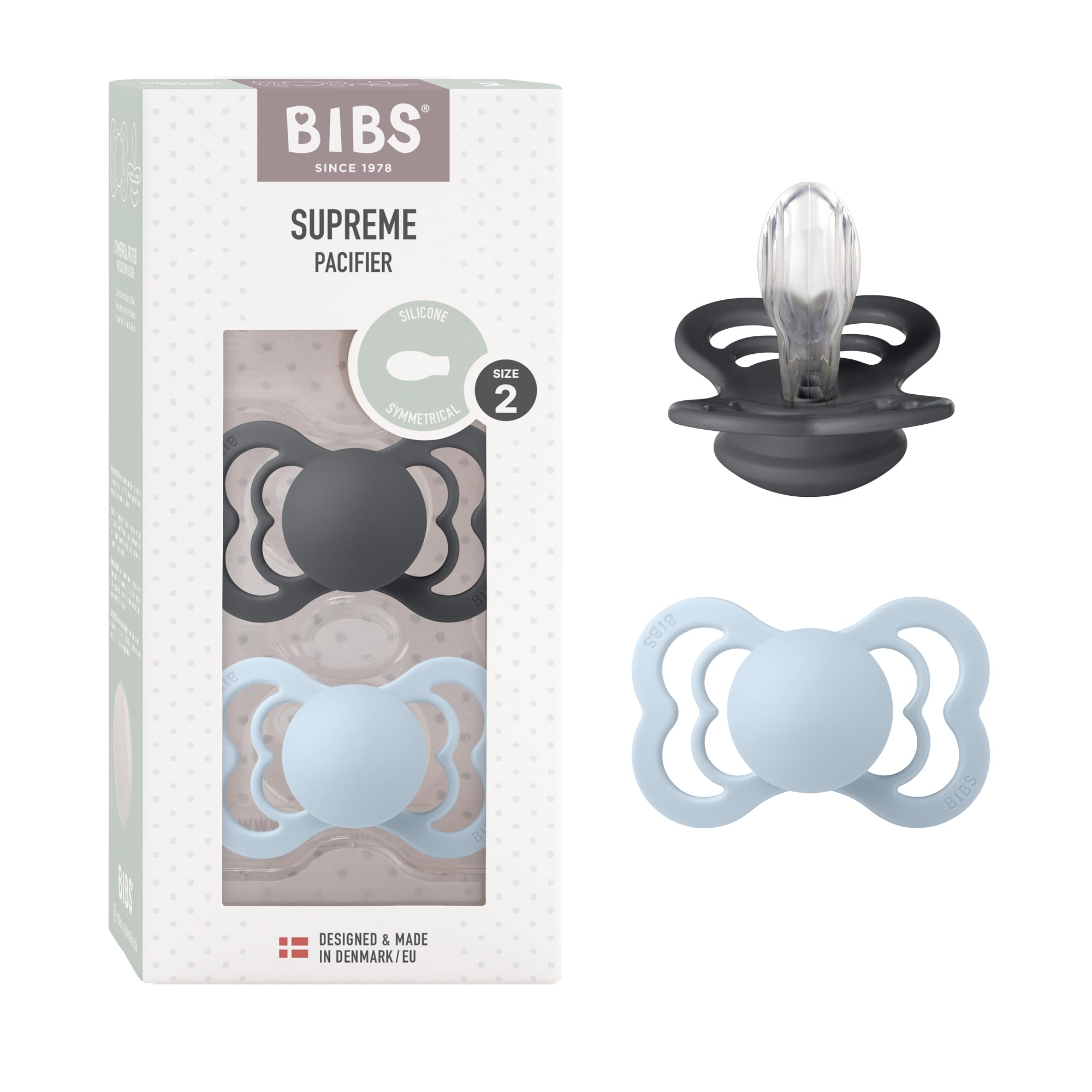 BIBS Supreme Dummies 2-Pack, BPA Free Dummy Pacifier, Silicone Symmetrical Nipple Soother, Size 2 (6-18 Months), Iron/Baby Blue
