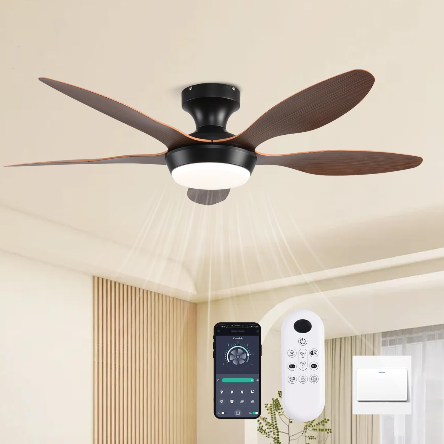 Photo 1 of GJeg Ceiling Fans with Lights, 46 Inch Low Profile Ceiling Fan with Light and Remote Control, Flush Mount 6 Speeds Reversible Ceiling Fan, Dimmable Noiseless Ceiling Fans for Bedroom, Brown